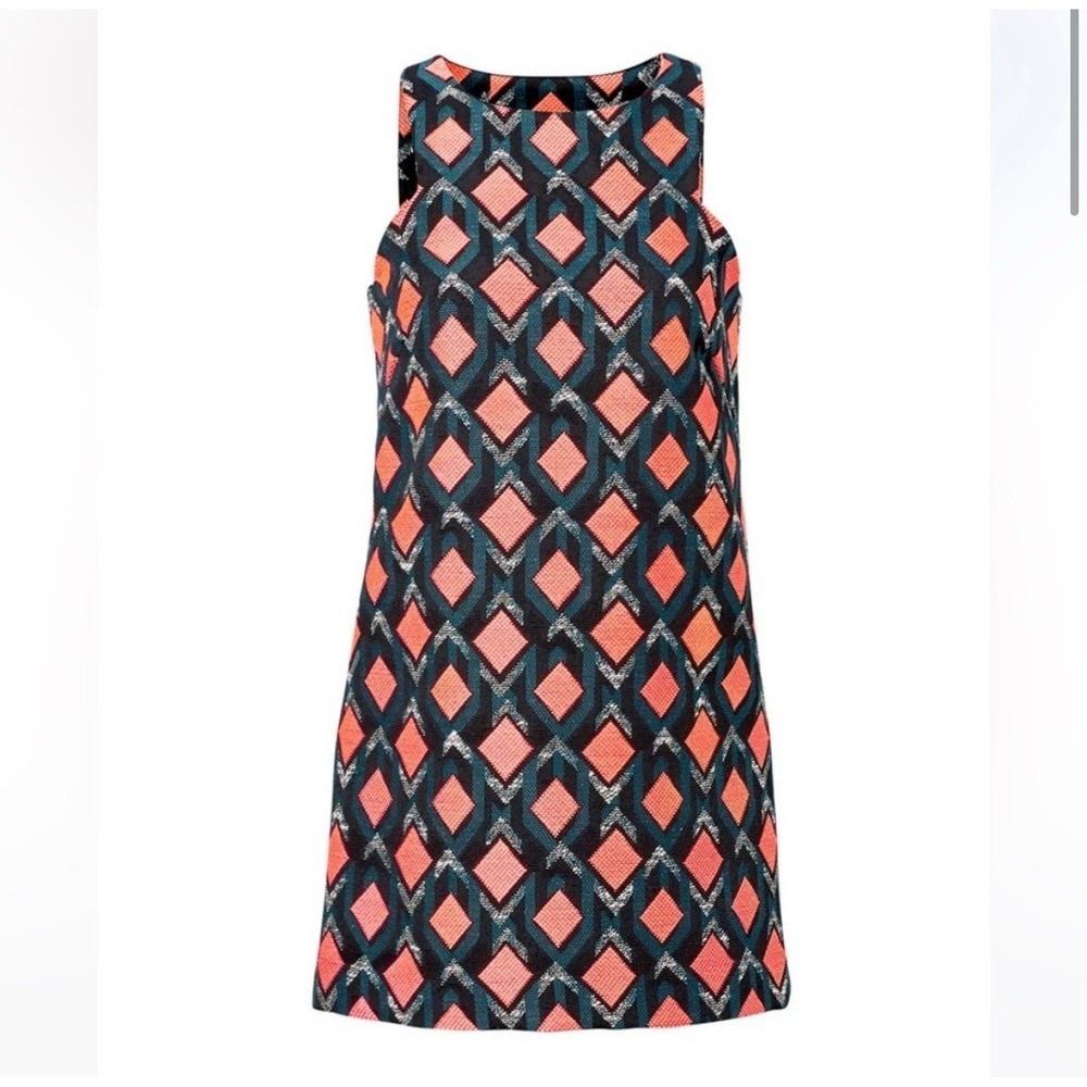 MILLY Angular Diamond Jacquard Geometric Tweed Shift Dress Size 6 Black Coral - Picture 2 of 6